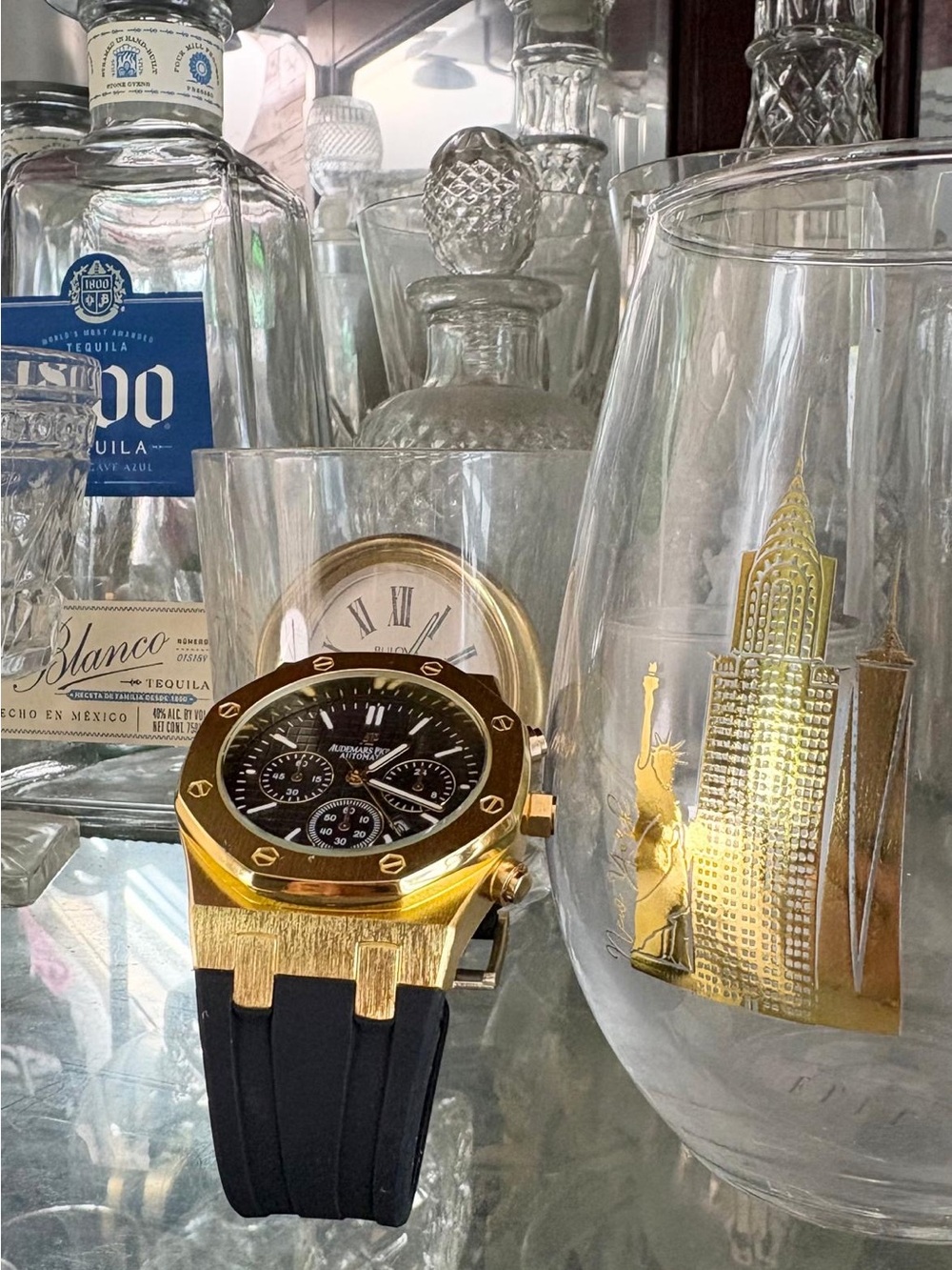 Gold Toe Gold-Tone Chronograph Watch with Black Strap